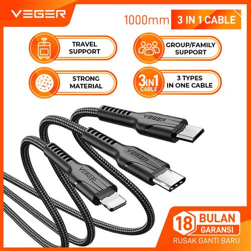 Foto Produk VEGER Kabel Cable Charger 3IN1 VP-14 USB Micro + Type C + Lightning 10 - Hitam dari Veger