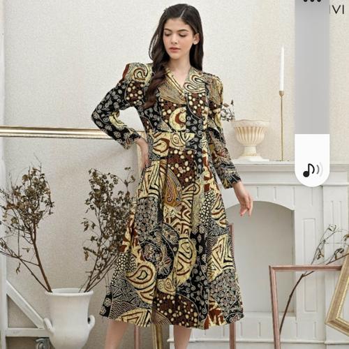 Jual long dress batik wanita cream 1 