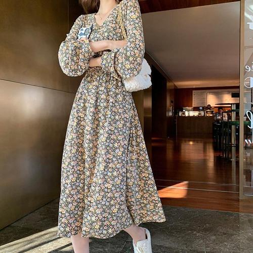 floral v-neck dress wanita 