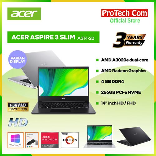 Gambar ACER ASPIRE 3 SLIM A314-22 AMD 3020E 4GB 256GB SSD 14" OHS W10 RESMI - 14" HD 1366x768 dari Protech Computer Jakarta Pusat Tokopedia