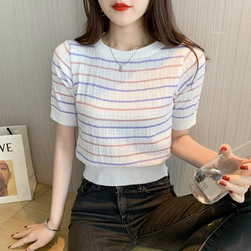 Jual Sweater top Crop knit garis stripe 