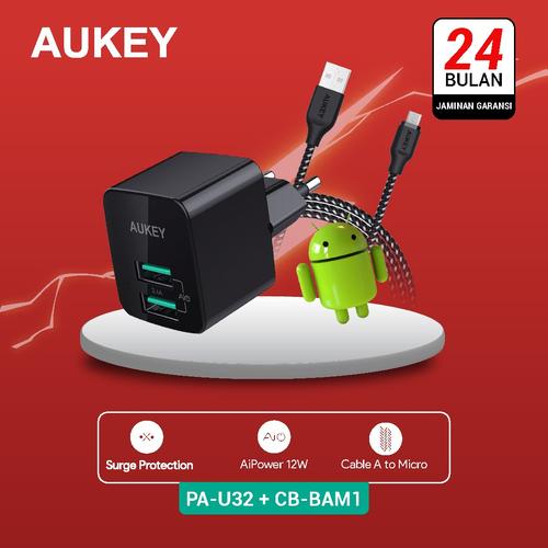 Foto Produk Aukey Charger PA-U32 500284 + Aukey Cable CB-BAM1 Black 500424 dari Aukey Makassar