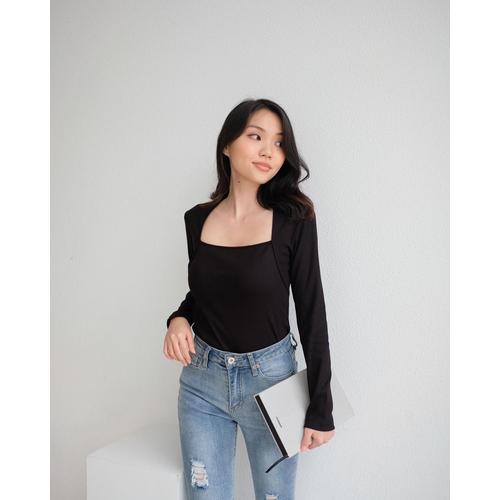 Foto Produk Top Wanita Lengan Panjang Premium Leher Square - Alena Square Neck Top - Black, S dari Lexyno_id