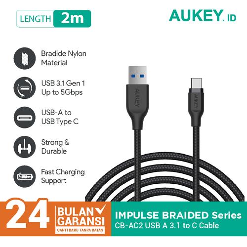 Foto Produk Aukey Cable 2M USB 3.1 gen 1 to USB C Braided Nylon Black - 500281 dari Aukey Tangerang