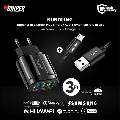 Foto Produk BUNDLING Sniper Wall Charger+3 QC 3.0 Black & Nylon Braided Micro 3ft dari Sniper Indonesia