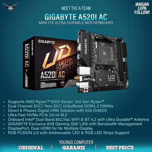 Jual GIGABYTE A520I AC AM4 MiniITX DDR4 M.2 NVMe MOTHERBOARD AMD A520