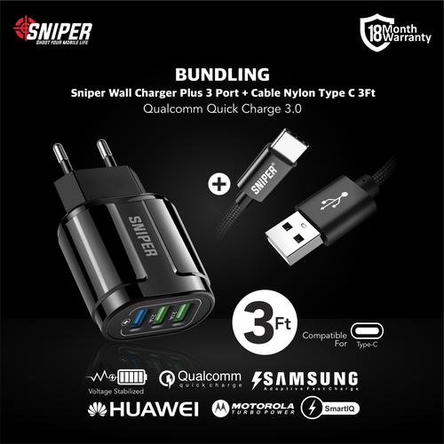 Foto Produk BUNDLING Sniper Wall Charger+3 QC 3.0 Black & Nylon Braided Type C 3ft dari Sniper Indonesia
