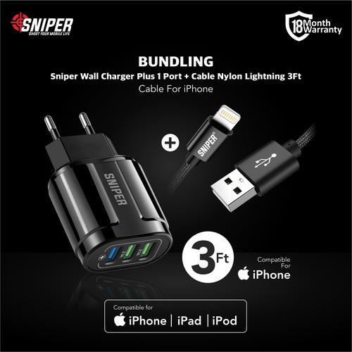 Foto Produk BUNDLING Sniper Wall Charger PLUS 3 QC & Nylon Braided Lightning 3ft dari Sniper Indonesia
