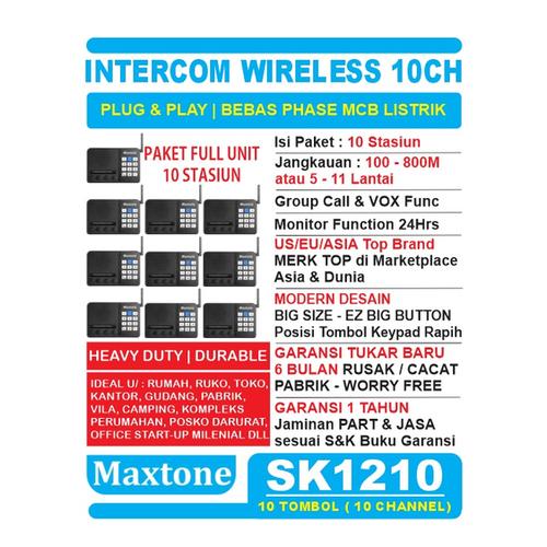 Foto Produk Wireless Intercom 10CH Home Office Interkom - MAXTONE SK1210 - 10 UNIT dari EtalaseBelanja