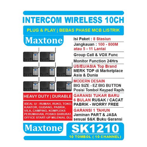 Foto Produk Wireless Intercom 10CH Home Office Interkom - MAXTONE SK1210 - 8 UNIT dari EtalaseBelanja