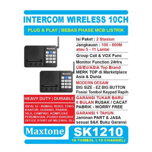 Foto Produk Wireless Intercom 10CH Home Office Interkom - MAXTONE SK1210 - 2 UNIT dari EtalaseBelanja
