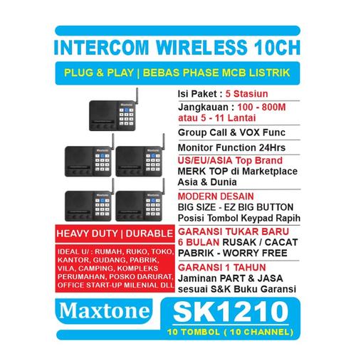 Foto Produk Wireless Intercom 10CH Home Office Interkom - MAXTONE SK1210 - 5 UNIT dari EtalaseBelanja