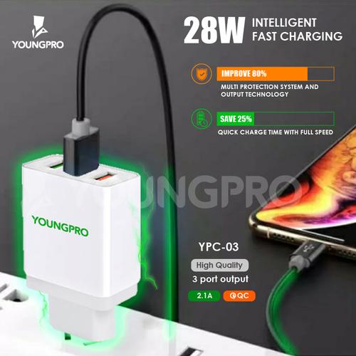 Foto Produk Youngpro YPC-03 - Charger Adapter 3Usb Port 2.1A Fast Charging QC 3.0 dari YOUNGPRO INDONESIA