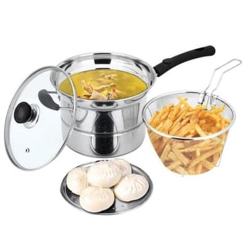 Foto Produk Deep Fryer Pan 22cm - Stainless Pot 3in1 - Panci Goreng - Wajan Kukus - gagang panjang dari BABAMU