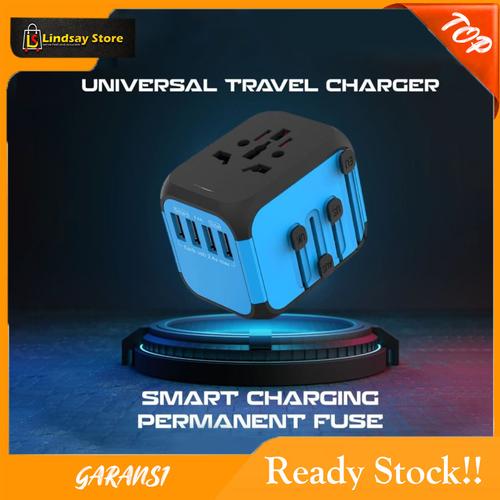 Foto Produk UNIVERSAL TRAVEL ADAPTOR 4 USB INTERNASIONAL - Biru dari LindsayStore