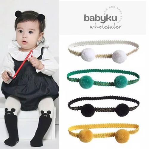 Foto Produk bandana bayi / baby headband pom pom / bando bayi karet - pompom white dari BABYKU WHOLESALER