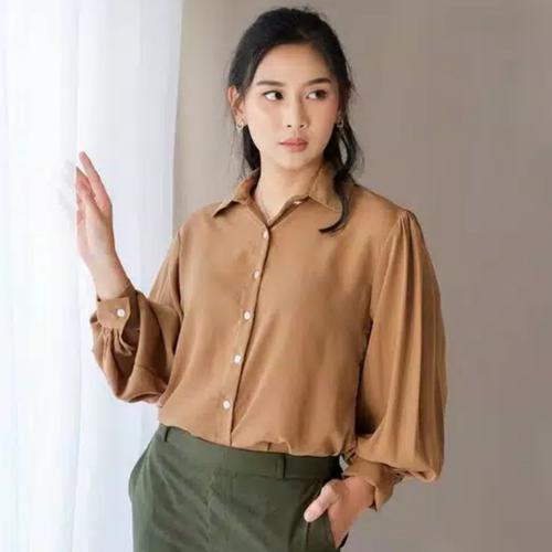 Foto Produk BLOUSE MONA LENGAN BALON KEMEJA BASIC BLOUSE WANITA LENGAN PANJANG - choco dari anjarisshop