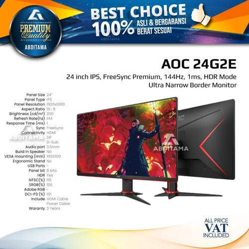 Foto Produk Monitor LED AOC 24G2E 24" IPS 1080 144hz 1ms HDMI DP HDR 100x100mm dari Abditama Official