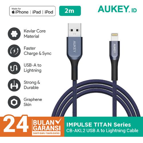 Foto Produk Aukey Cable AKL2 BLUE MFI USB A To Lightning Kevlar Cable 2M - 500423 dari AUKEY