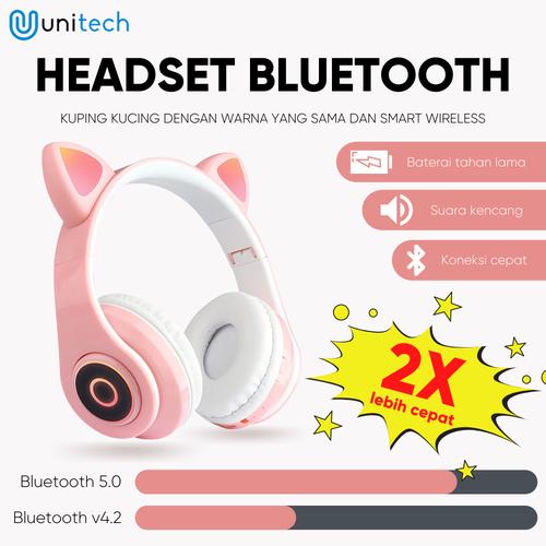 Foto Produk Unitech Headphone Headset Kucing Bluetooth Headphone Cat LED - Cream dari Unitech Official
