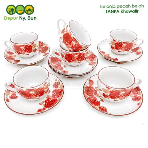 Foto Produk 6 Pasang Cangkir Teh Set Motif DOUBLE ROSE Ukuran 220ml - Merah dari Dapur Ny.Bun