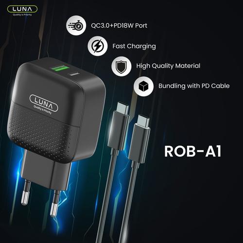 Foto Produk Luna Smart Adapter PD 18W Charger Power Delivery QC 3.0 3A Dual USB C - Hitam dari Luna Life
