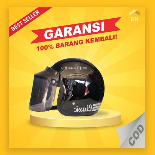 Foto Produk Helm Helem Bogo Retro Classic Klasik Wanita Pria Dewasa SNI Kaca Datar - Black Glosy, Kaca Cembung dari Gudang Helem