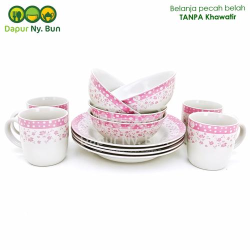 Foto Produk Dinner Set Isi 12pcs Motif Polkadot Fleur / Perlengkapan Makan dari Dapur Ny.Bun