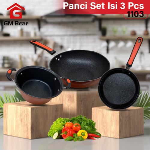 Foto Produk GM Bear Panci Set Wajan Teflon Marble Coating 1103- Panci Set isi 3pcs dari GM Bear