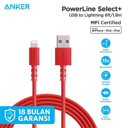 Gambar Kabel Charger Anker PowerLine Select+ USB to Lightning 6ft - A8013 - Merah dari Anker Indonesia Jakarta Utara Tokopedia