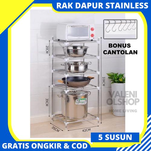 Foto Produk Rak Panci Dapur Rak Dapur stainless steel 5 Susun Pantry BONUS 6 HOOK dari Valeni Olshop