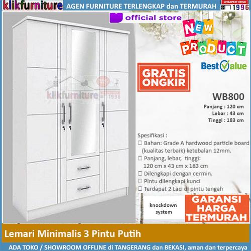 Foto Produk Lemari Pakaian Putih 3 Pintu 2 Laci Minimalis WB800 dari klikfurniture