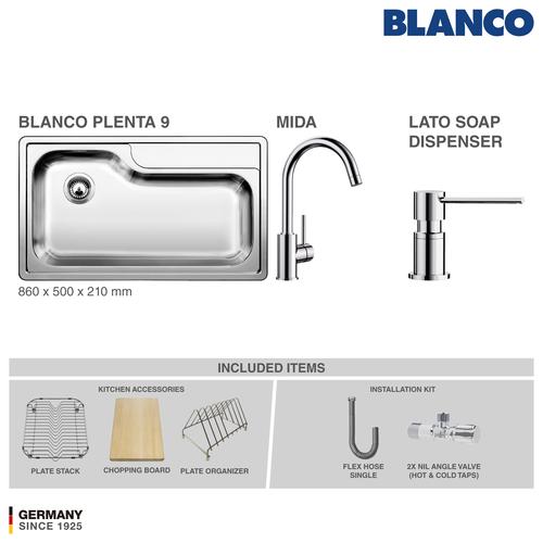 Foto Produk BLANCO Plenta 9 Stainless Steel Sink + Kran BLANCO MIDA Chrome dari BLANCO Official Store