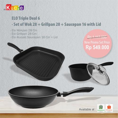 Foto Produk ELO Triple Deal 6 - Set of Wok 28 + Grillpan 28 + Saucepan 16 with Lid dari Diekuche Fackelmann