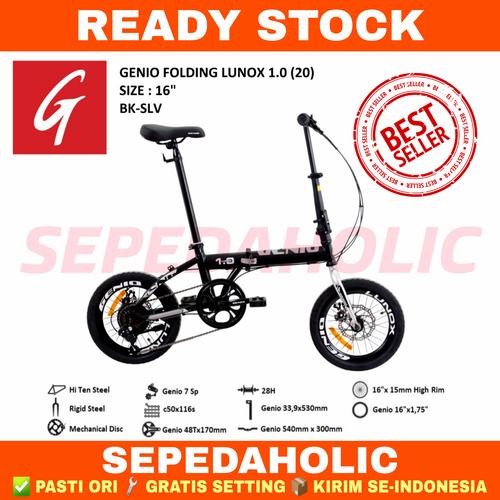 Foto Produk Sepeda Lipat 16 Inch GENIO Lunox 1.0 Rem Cakram 7 Speed - Black Silver dari Sepeda Holic