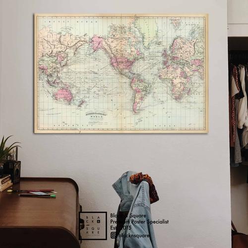 Jual Premium Poster - Asher Adams World Map 1874 - Borderless Frame ...