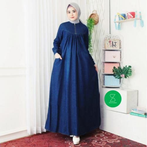 Foto Produk Baju Gamis Wanita Jeans Denim Maxi Long Dress Muslim - M, Navy dari Sala Fashion Bandung