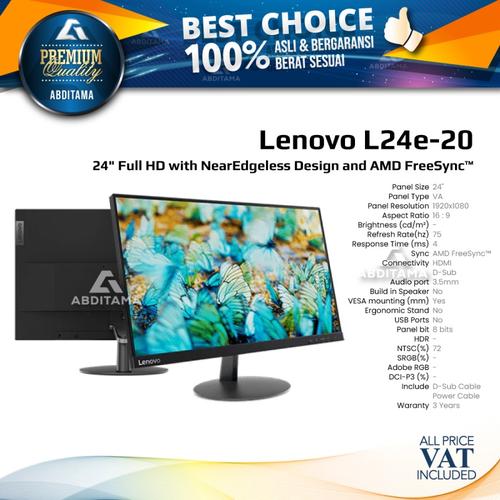 Foto Produk Monitor LED Lenovo L24E L24E-20 24" 1080p VGA HDMI Freesync dari Abditama Official