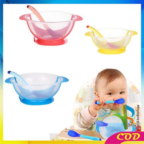 Gambar RB - C123 Mangkok +Sendok Makan Bayi Sensor Panas Mangkuk Tempat Makan - Biru dari RB TOYS AND TECHNOLOGY Kab. Tangerang Tokopedia