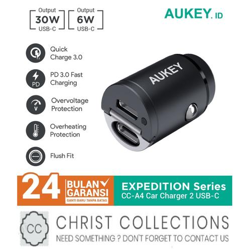 Foto Produk AUKEY CAR CHARGER MOBIL FAST CHARGING 30W DUAL TYPE C PD + QC CC-A4 dari ChristCollections