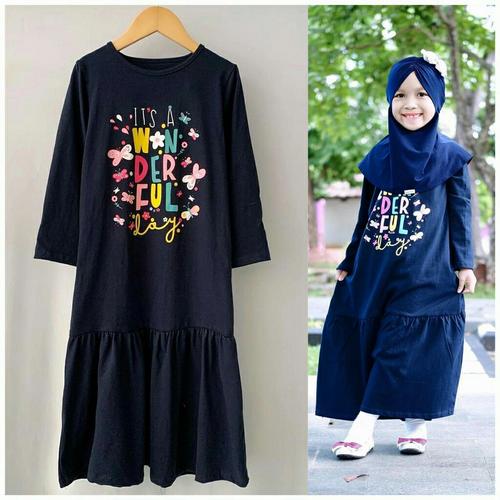 Foto Produk Gamis Kaos Sablon Baju Busana Muslim Blanjuran Anak Perempuan Murah - NAVY, SIZE 2 dari niagaid