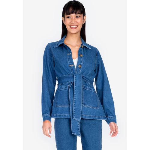 Jual Denim Shacket with Self-Tie Belt 