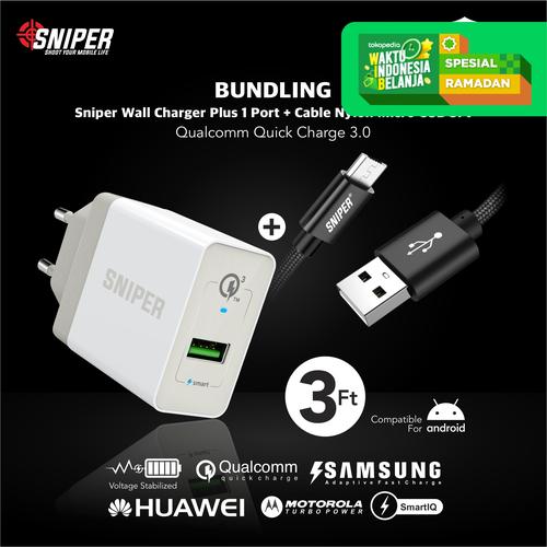 Foto Produk BUNDLING Sniper Wall Charger+1 QC 3.0 & Nylon Braided Micro USB 3ft dari Sniper Indonesia