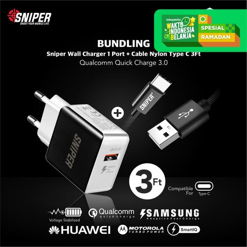 Foto Produk BUNDLING Sniper Wall Charger 1 QC 3.0 + Nylon Braided Type C 3ft dari Sniper Indonesia