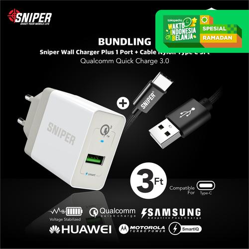 Foto Produk BUNDLING Sniper Wall Charger+1 QC 3.0 White & Nylon Braided Type C 3ft dari Sniper Indonesia