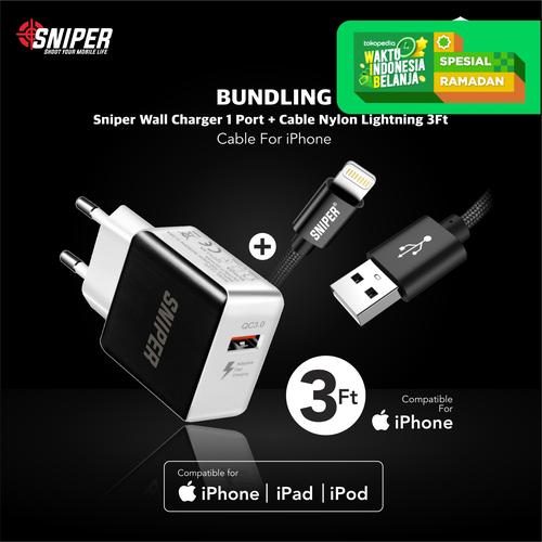 Foto Produk BUNDLING Sniper Wall Charger 1 QC 3.0 + Nylon Braided Lightning 3ft dari Sniper Indonesia