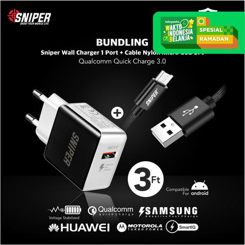 Foto Produk BUNDLING Sniper Wall Charger 1 QC 3.0 + Nylon Braided MicroUSB 3ft dari Sniper Indonesia
