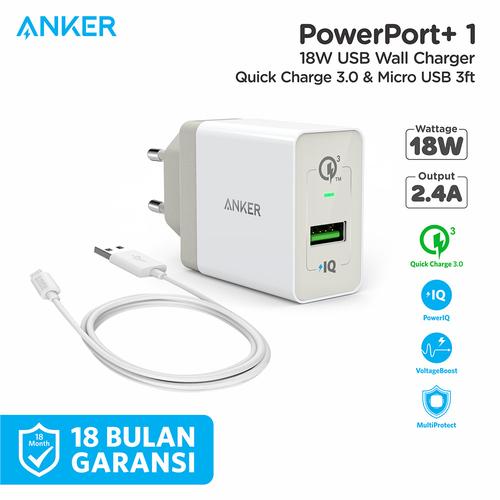 Foto Produk Wall Charger Anker PowerPort+ 1 QC 3.0 & Kabel Micro 3Ft Black - B2013 - Putih dari Anker Indonesia