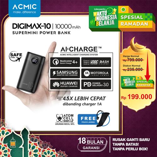 Foto Produk ACMIC DIGIMAX SuperMini Digital AiCharge Power Bank (QC4 + PD + VOOC) - 10000 No Kabel dari ACMIC Official Store