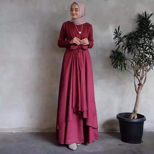 Foto Produk Gamis Wanita Dewasa Gaun Pengantin Kombinasi Brukat Baju Muslim Trendy - Maroon, S dari AH Rizkita Store